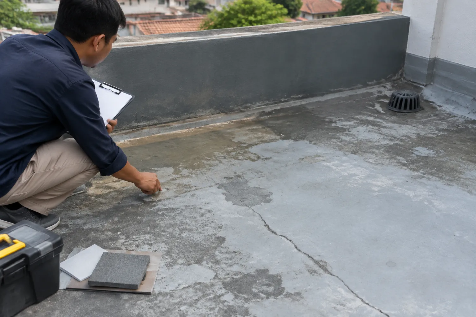 Seseorang memeriksa retakan dan noda pada lantai teras atap