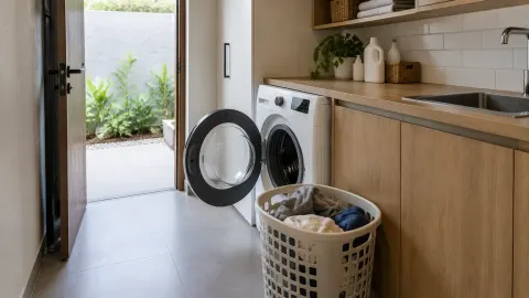 Mesin cuci terbuka dengan keranjang pakaian di ruang laundry