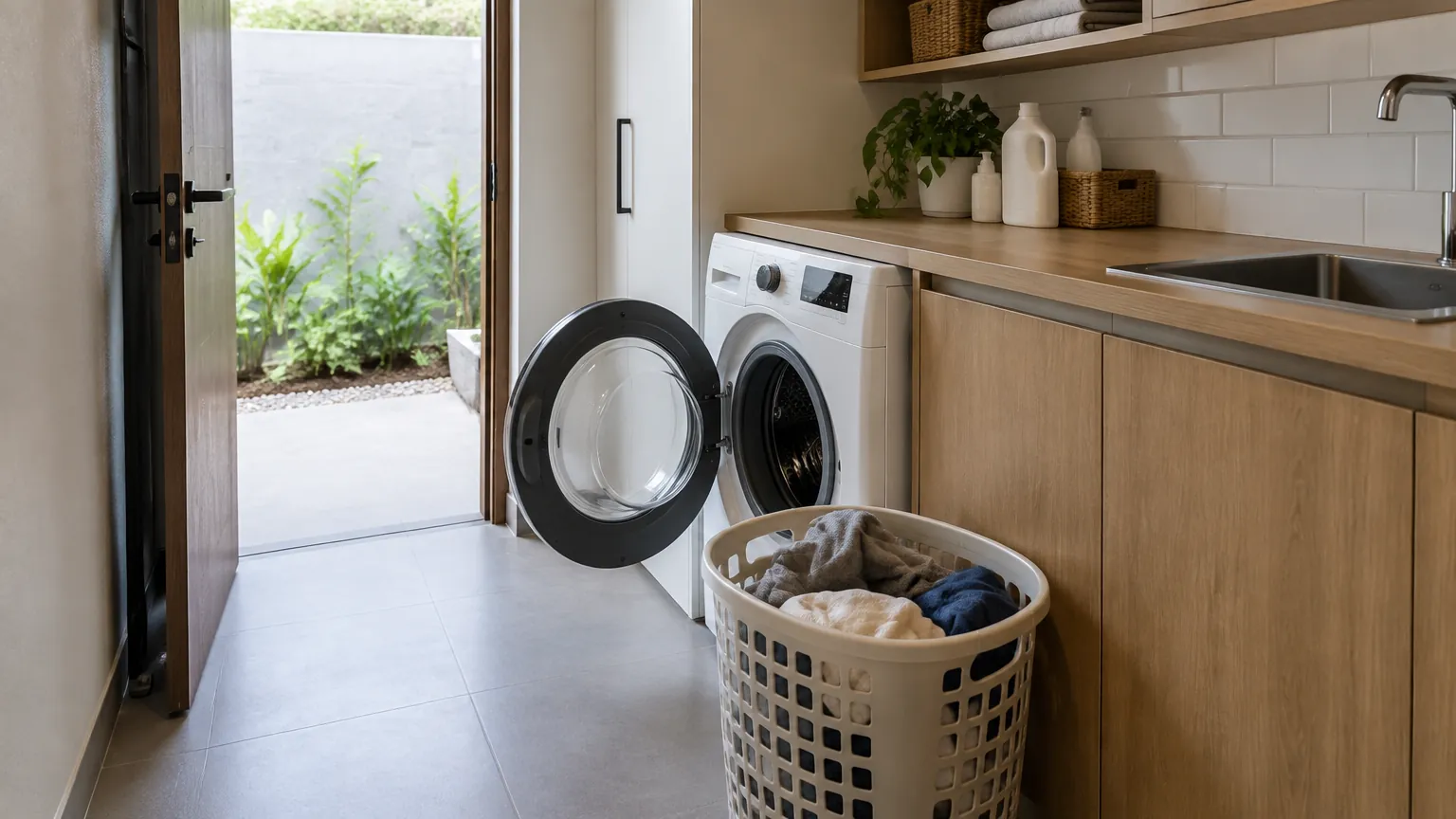 Mesin cuci terbuka dengan keranjang pakaian di ruang laundry