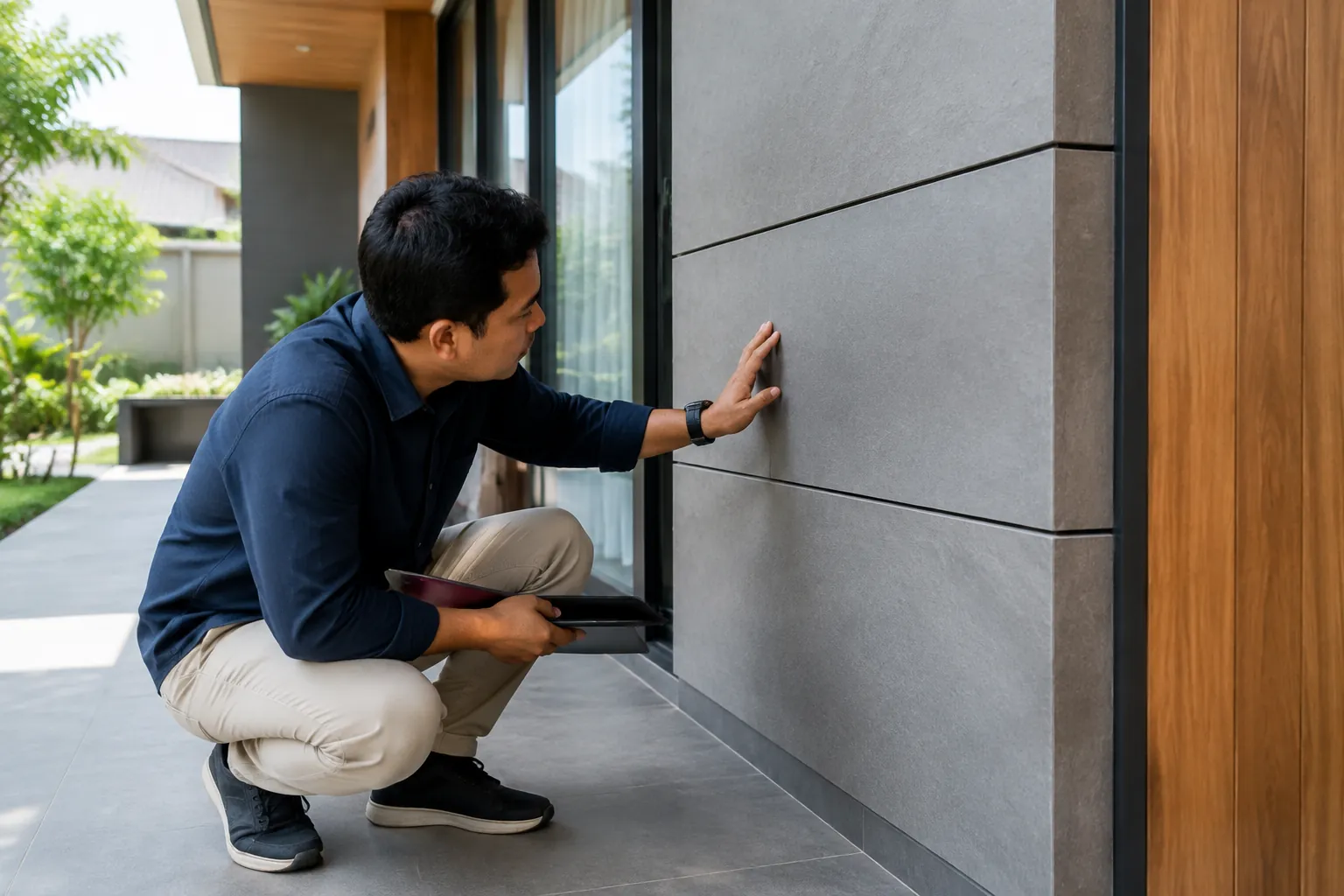 Orang memeriksa cladding jadi.