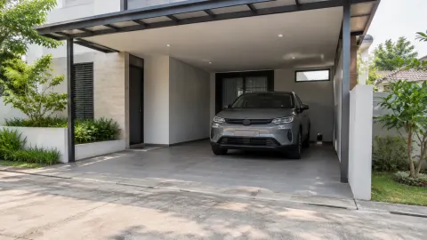 Mobil di carport berdinding samping dengan bukaan ke halaman