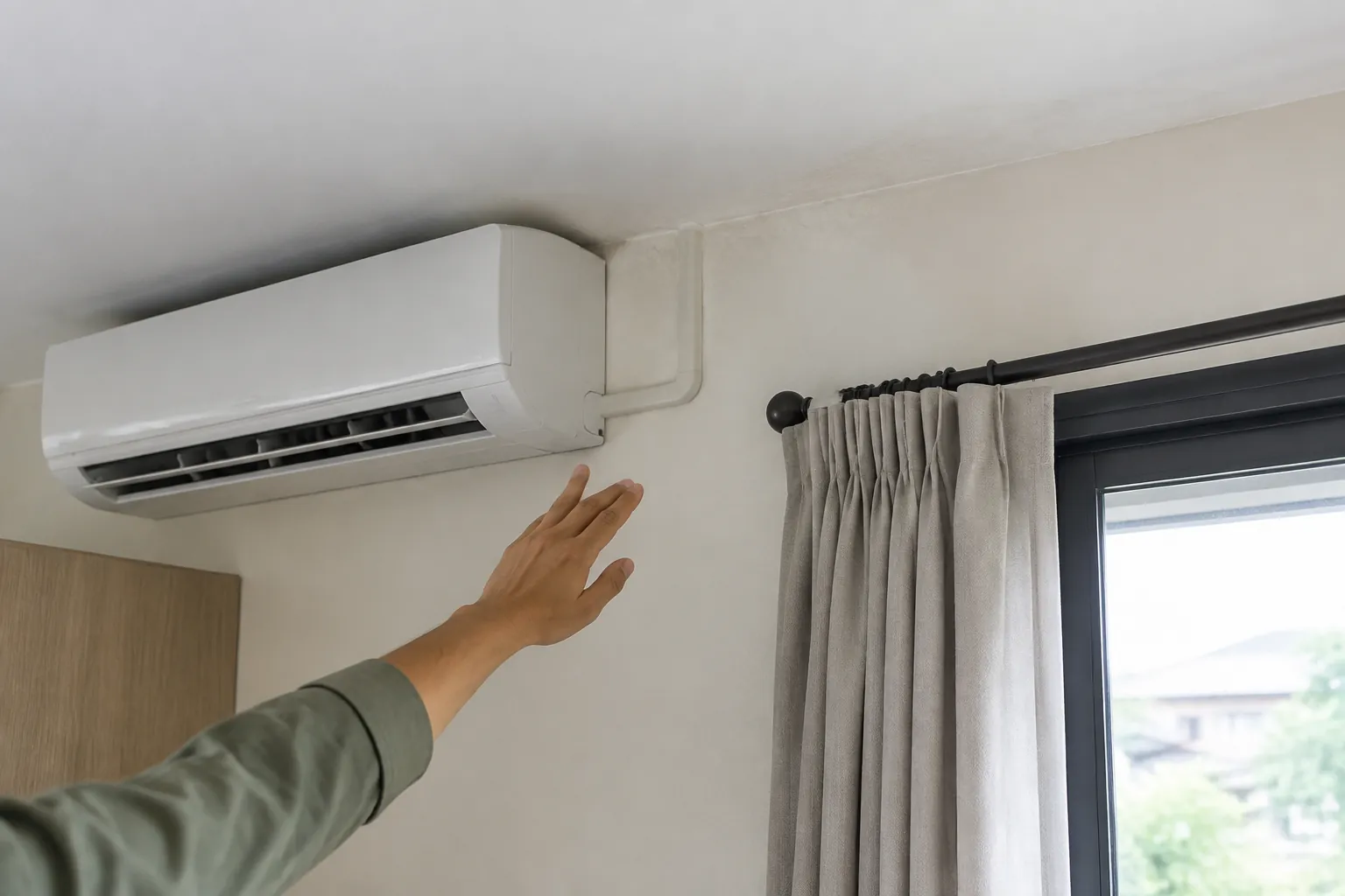 Tangan mengarah ke unit AC.