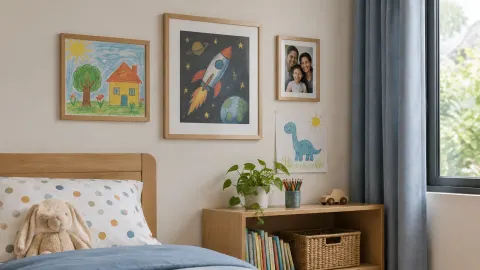 Pajangan bergambar dan ilustrasi anak di dinding atas tempat tidur