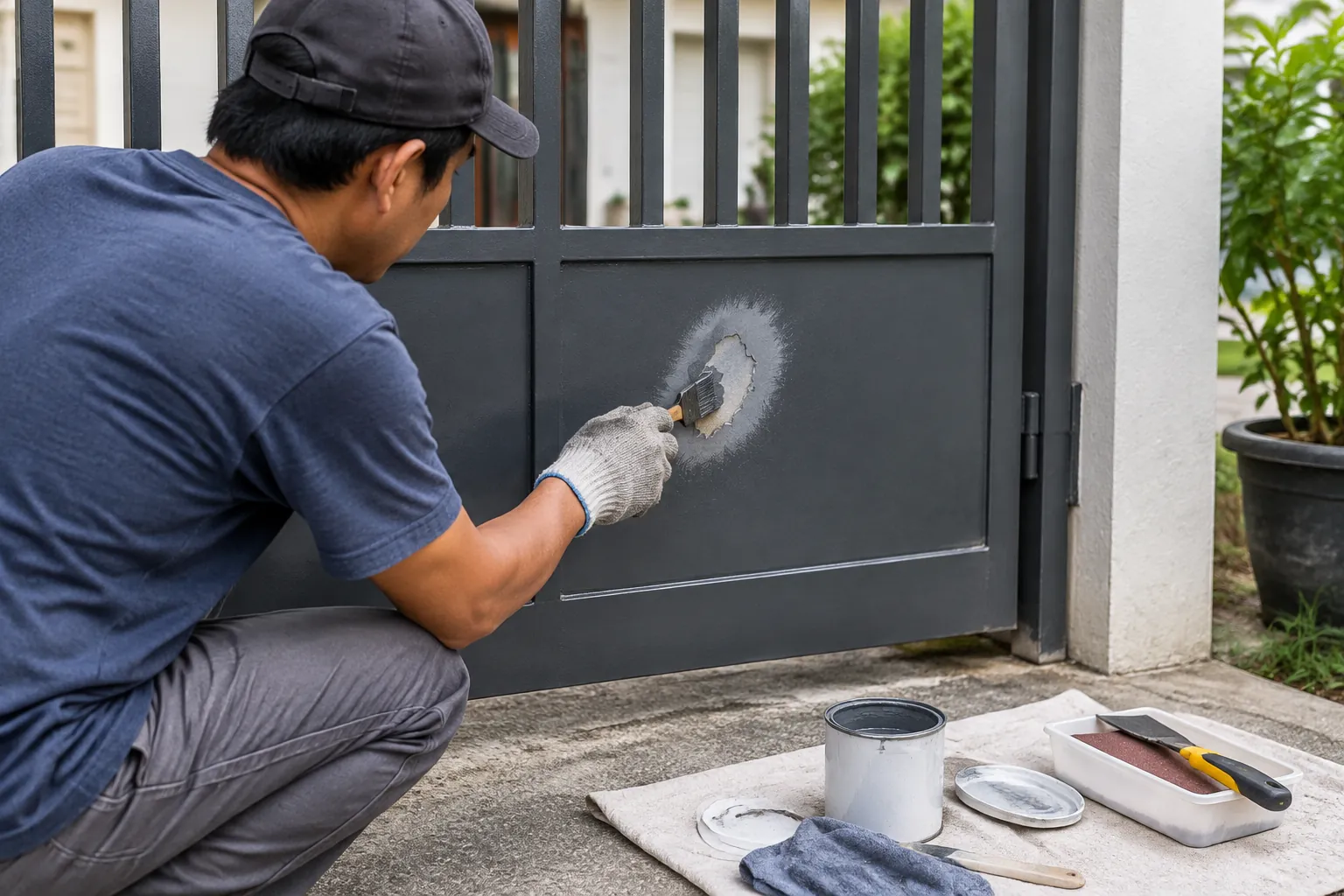 Pekerja memperbaiki satu area kecil pada permukaan pagar