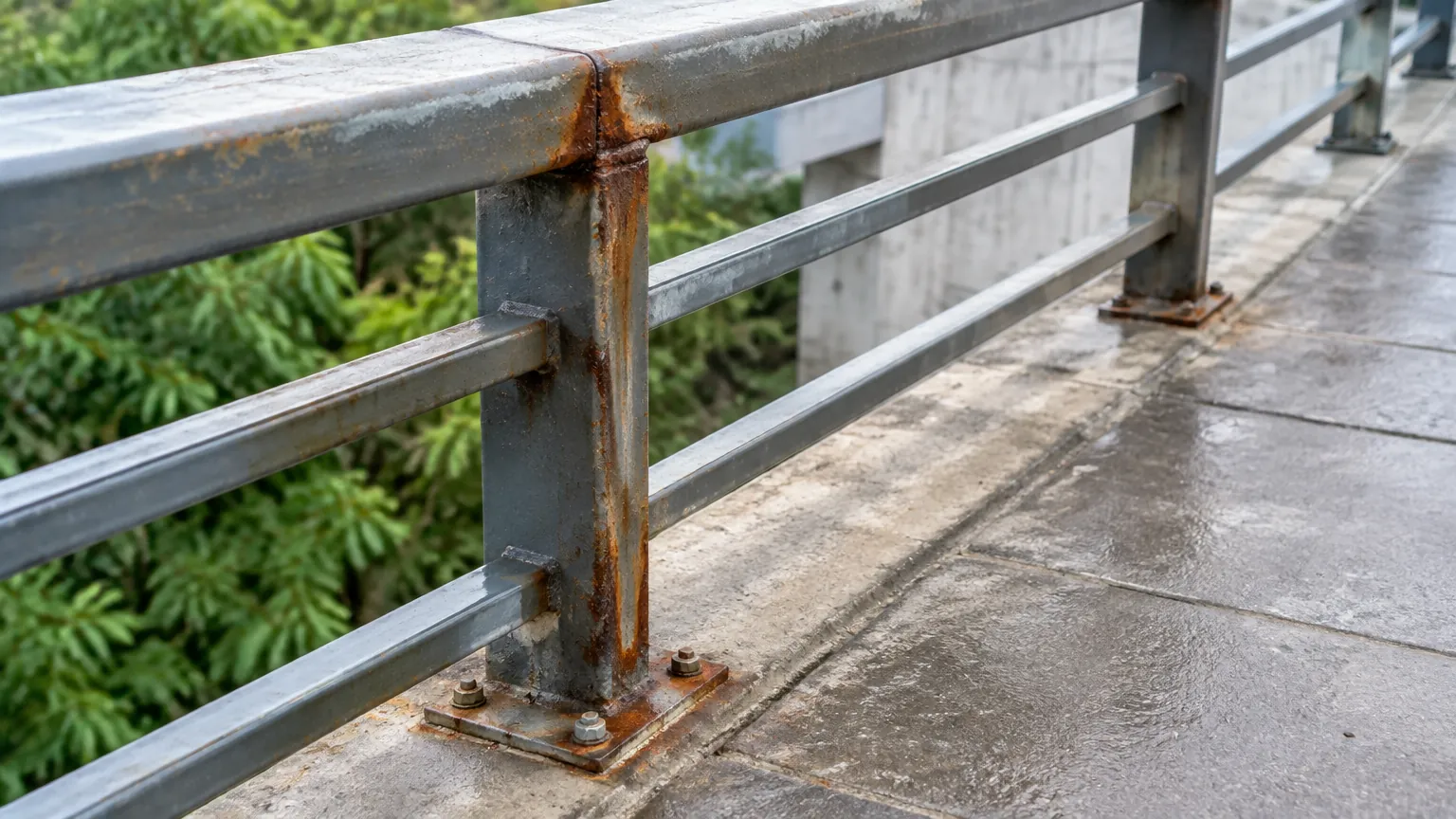 Karat pada sambungan dan tiang railing logam