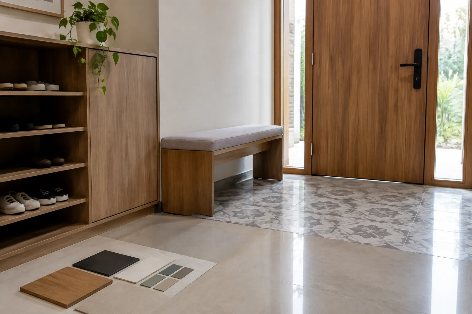 Foyer dengan kabinet sepatu dan beberapa sampel warna
