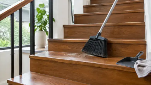Tangga kayu dengan sapu dan pengki di atas anak tangga