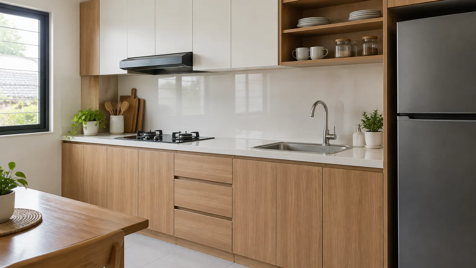 Kitchen set kayu dengan kompor dan wastafel