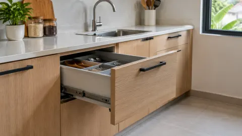 Laci kabinet dapur terbuka di bawah bak cuci