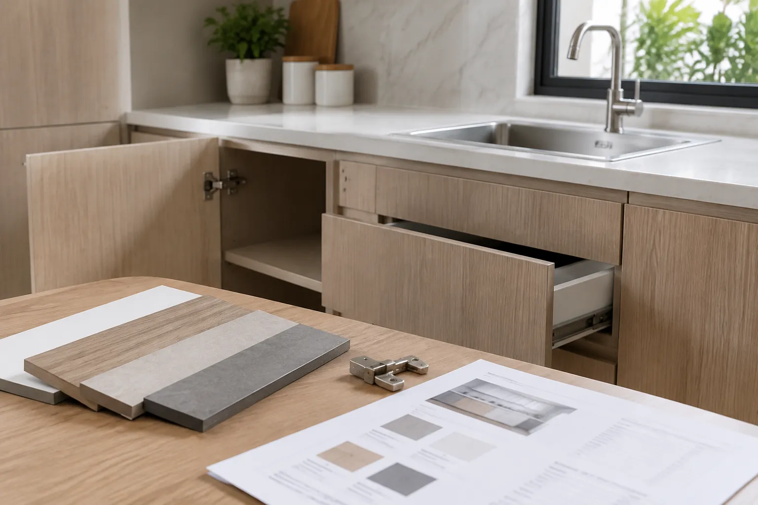 Laci kabinet dapur terbuka dengan sampel bahan di dekatnya