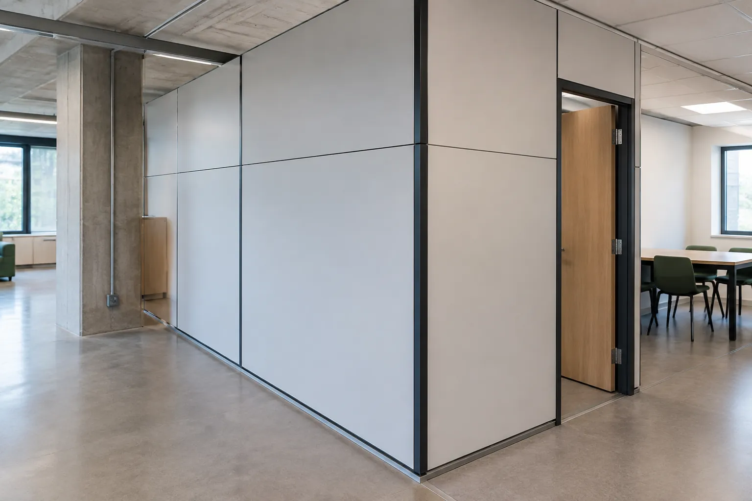 Partisi modular dengan pintu di ruang kantor