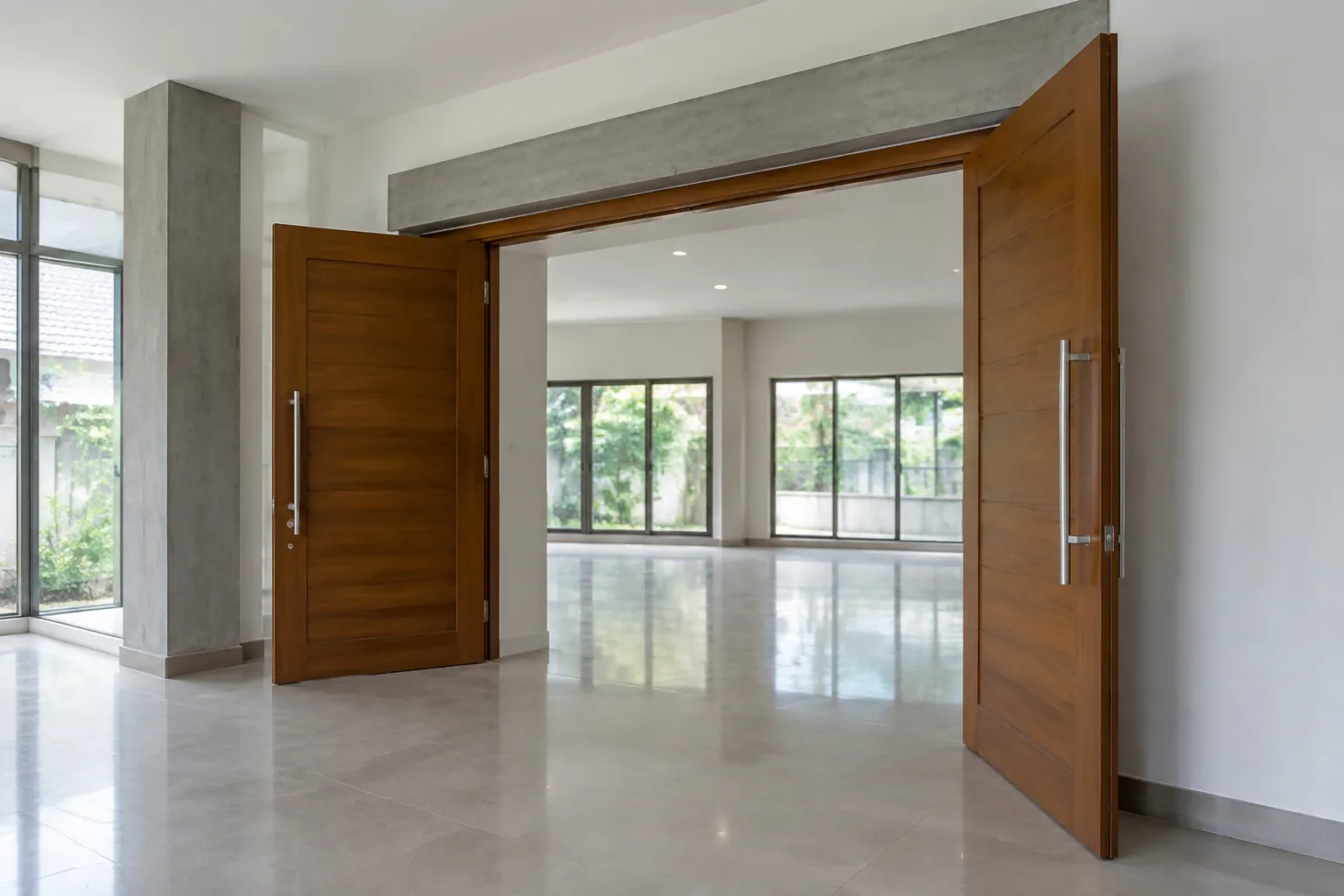 Pintu ganda kayu terpasang pada bukaan ruang besar