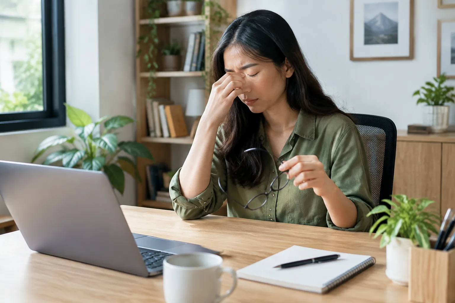 Pekerja mengusap mata di depan laptop saat bekerja