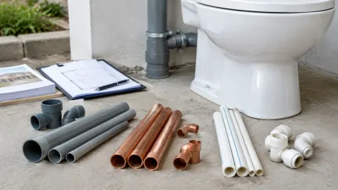 Pipa dari beberapa bahan di dekat toilet