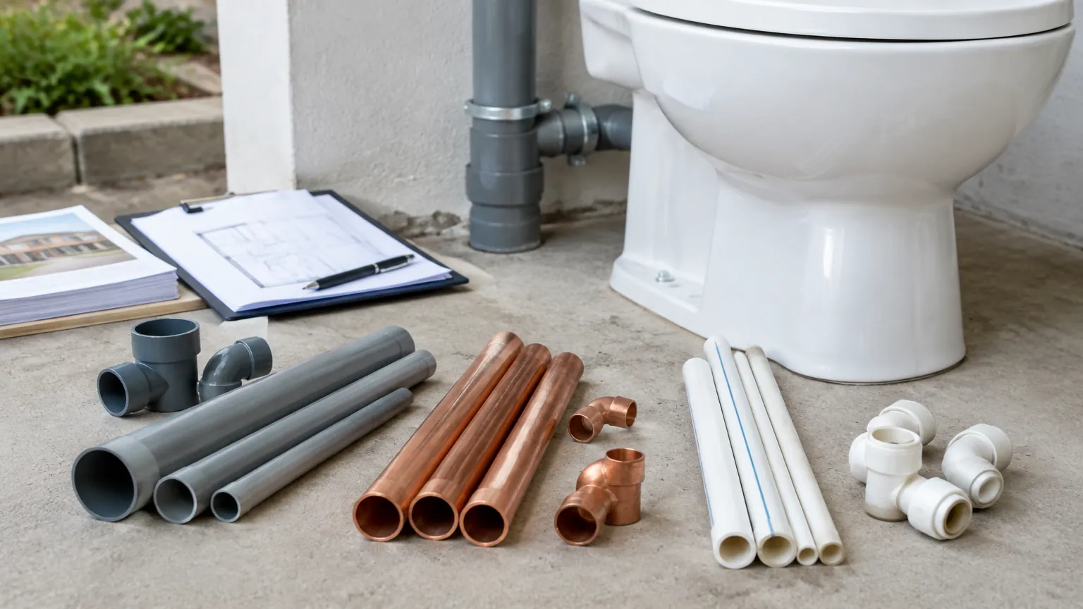 Pipa dari beberapa bahan di dekat toilet