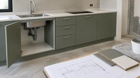 Kabinet kitchen set sebagian terpasang dengan pipa dan gambar kerja