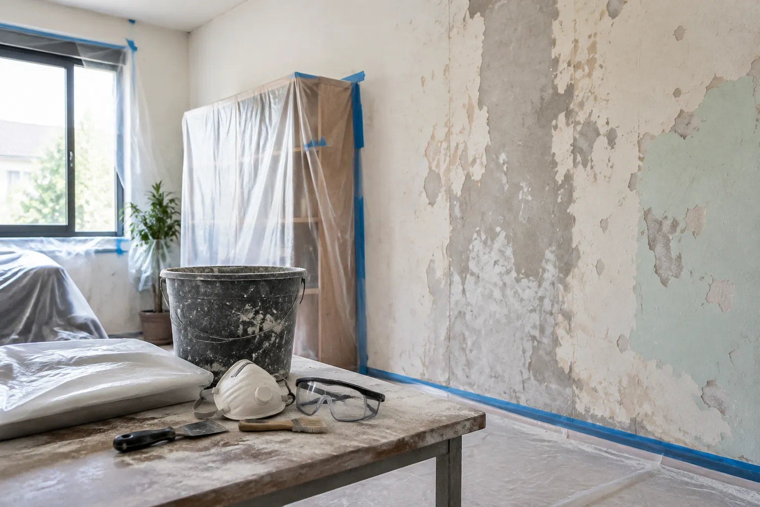 Dinding lama dikikis dengan perabot dilindungi lembar plastik