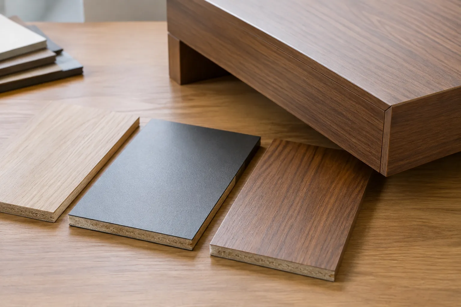 Sampel papan furnitur berlapis di atas meja