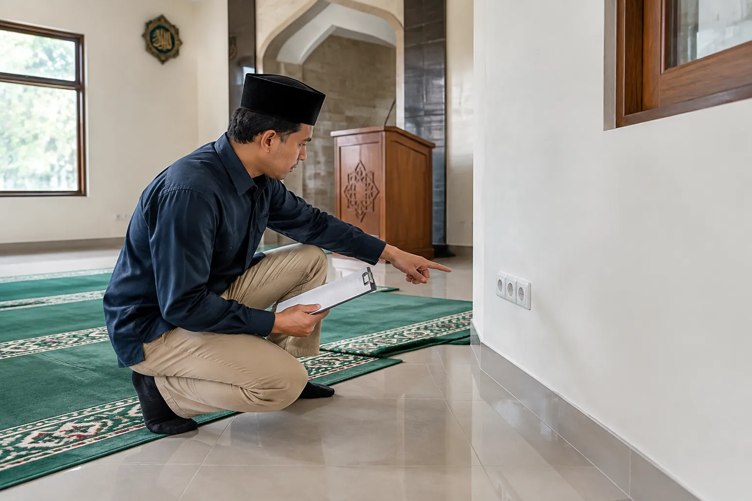 Pemeriksaan stopkontak pada interior mushola.