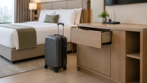 Kamar penginapan dengan meja kerja dan koper tamu