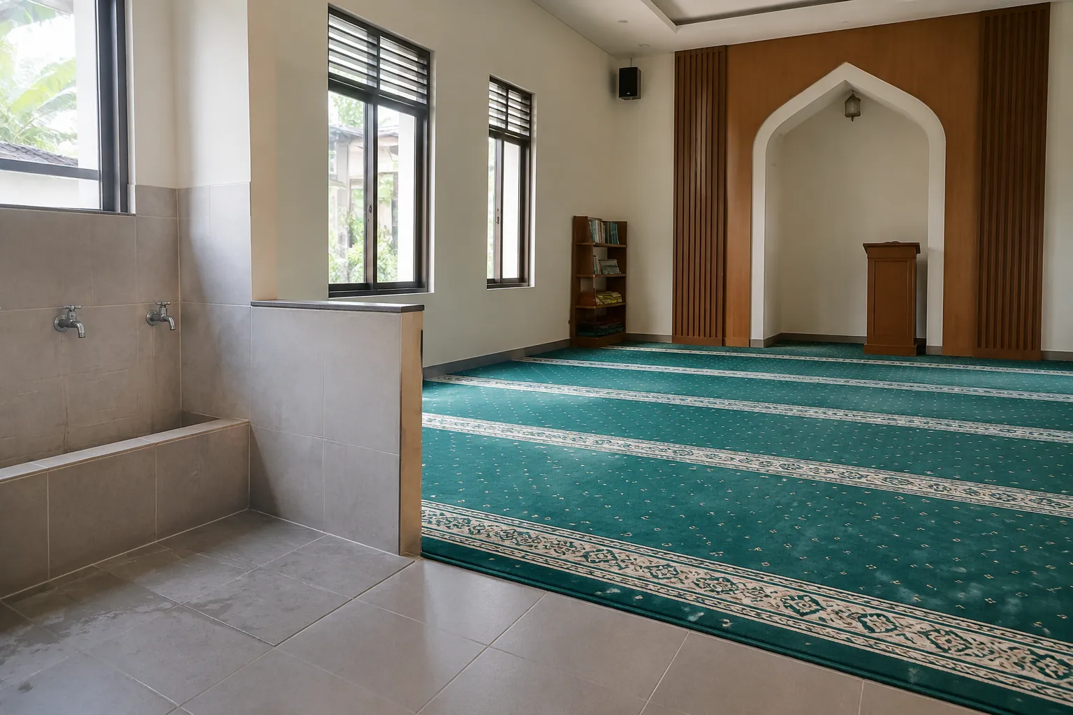 Musala dengan jendela samping dan area salat berkarpet