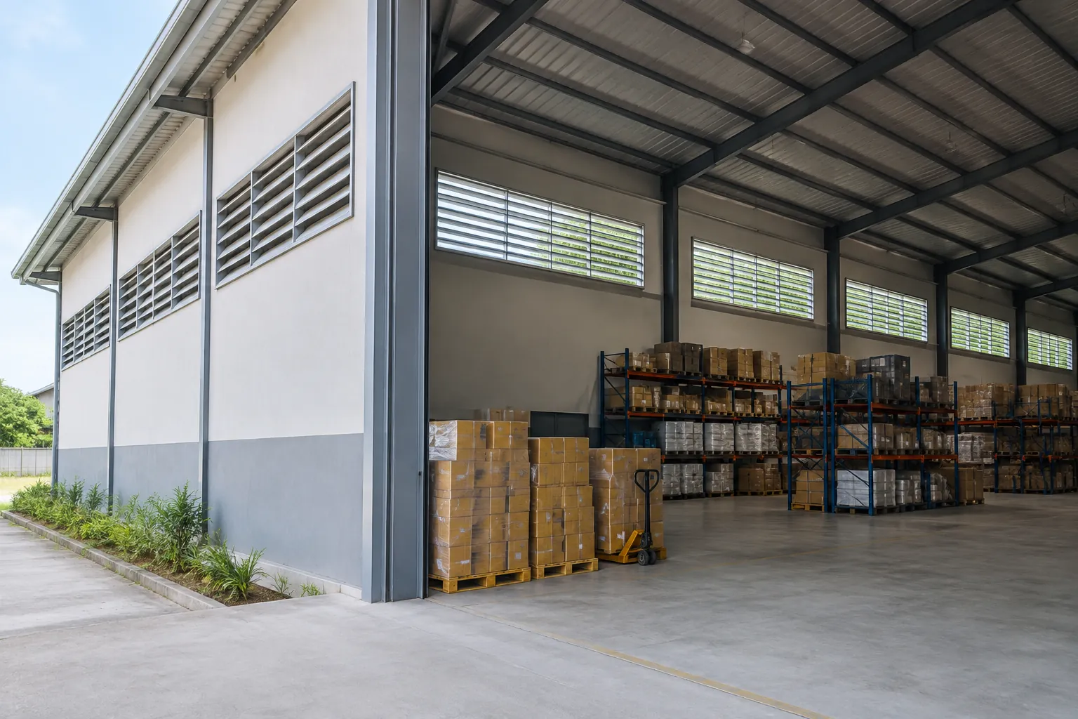 Gudang memiliki kisi ventilasi tinggi pada dinding luar