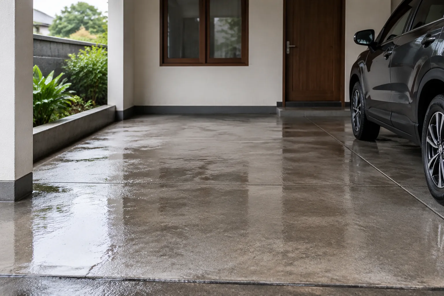 Lantai carport basah dekat kendaraan