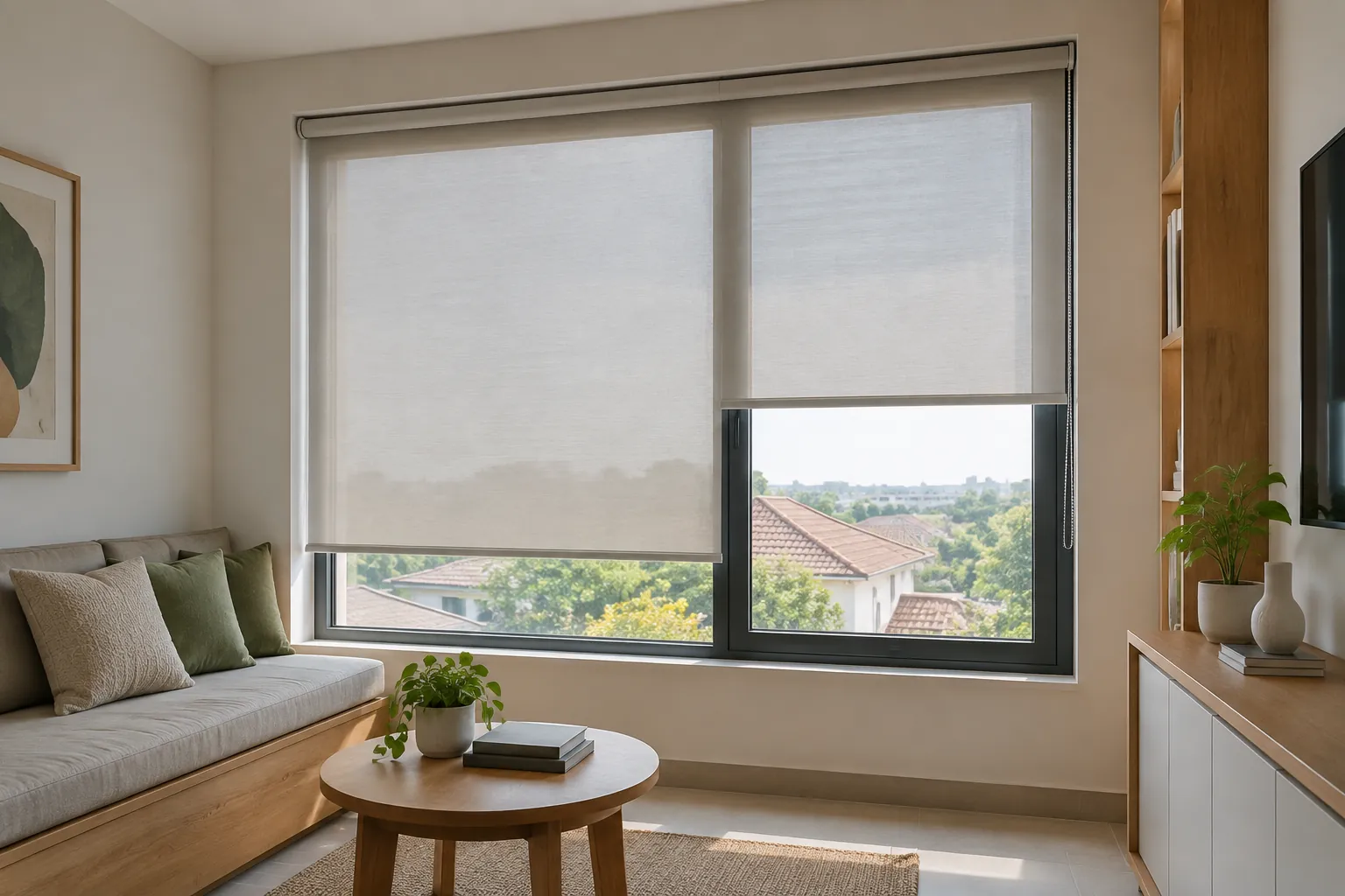 Dua roller blind menutup sebagian bidang jendela ruang tamu
