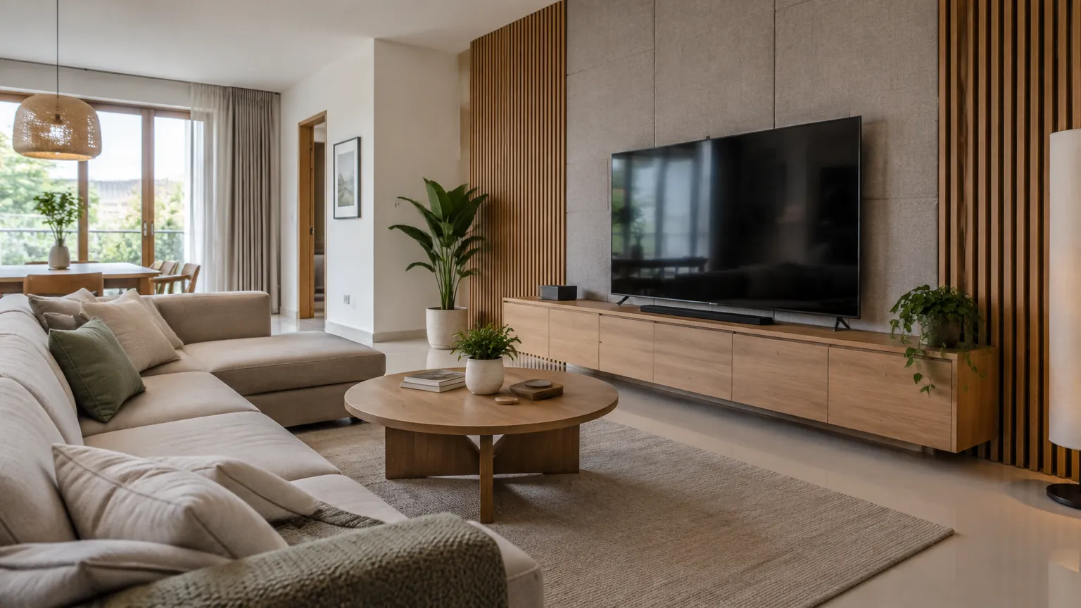 Ruang keluarga dengan sofa, karpet, dan panel kayu di belakang televisi