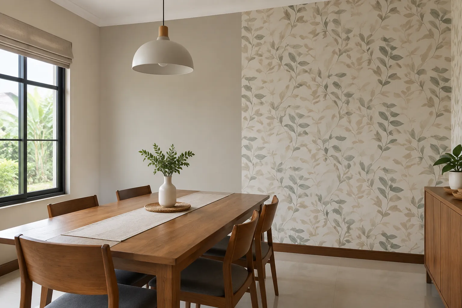 Ruang makan dengan bidang wallpaper di belakang meja kayu