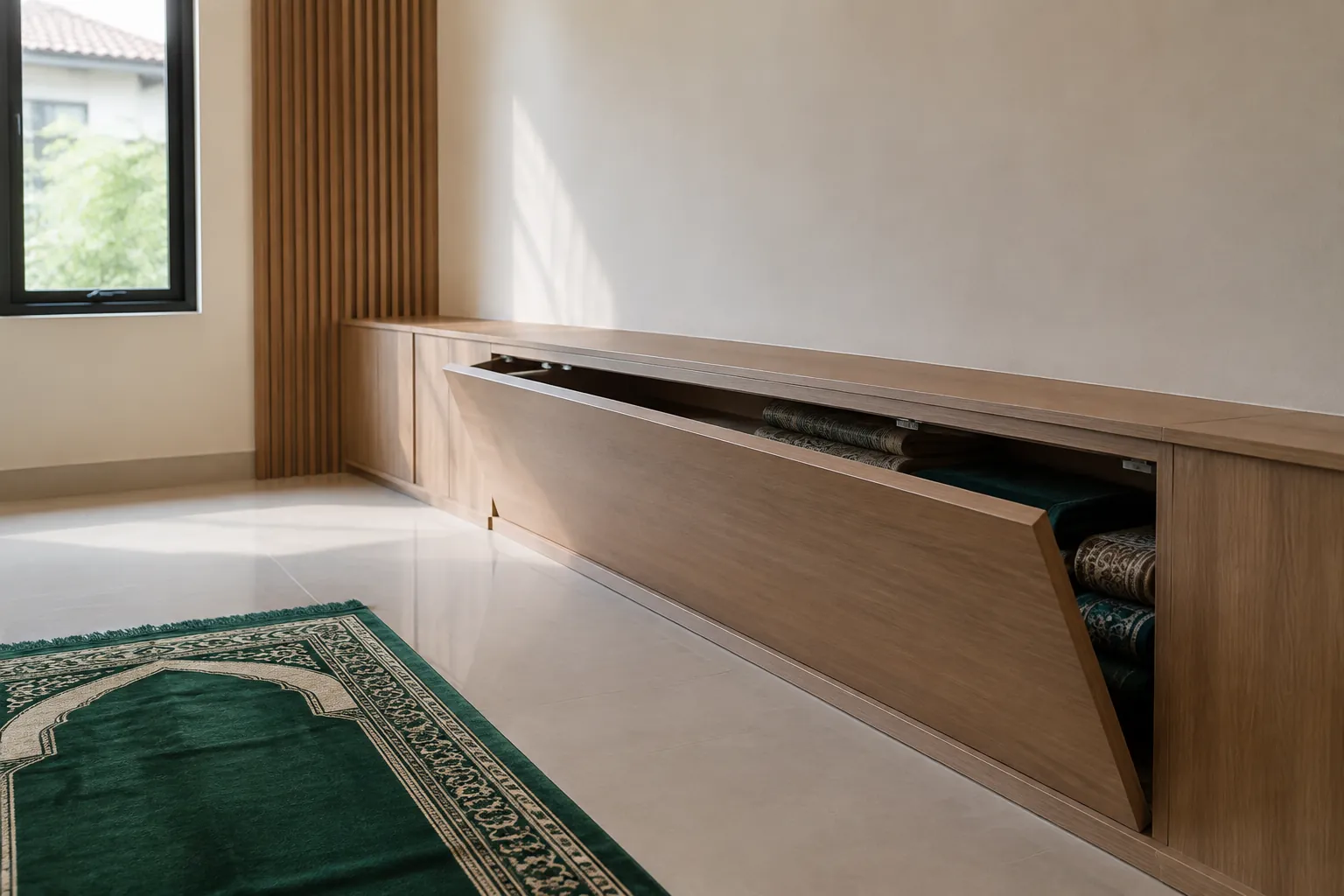 Laci panjang tersembunyi pada kabinet mushola