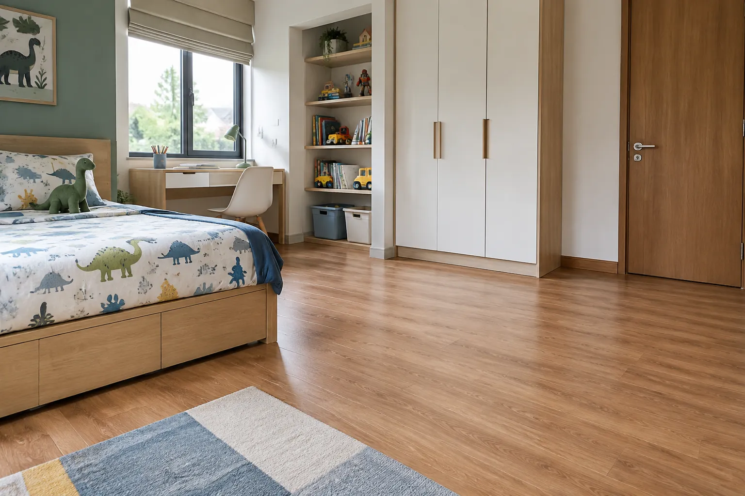 Kamar anak dengan lantai kayu dan lemari putih