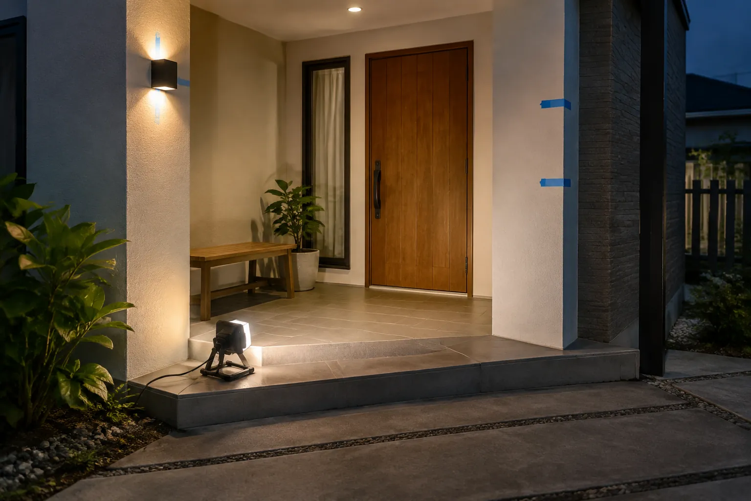 Lampu dinding dan lampu portabel menerangi teras rumah