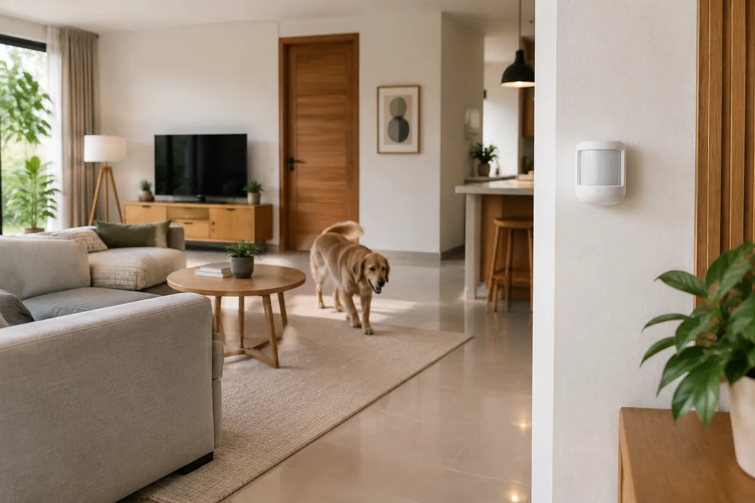 Sensor gerak pada dinding ruang tamu dengan anjing di dekatnya