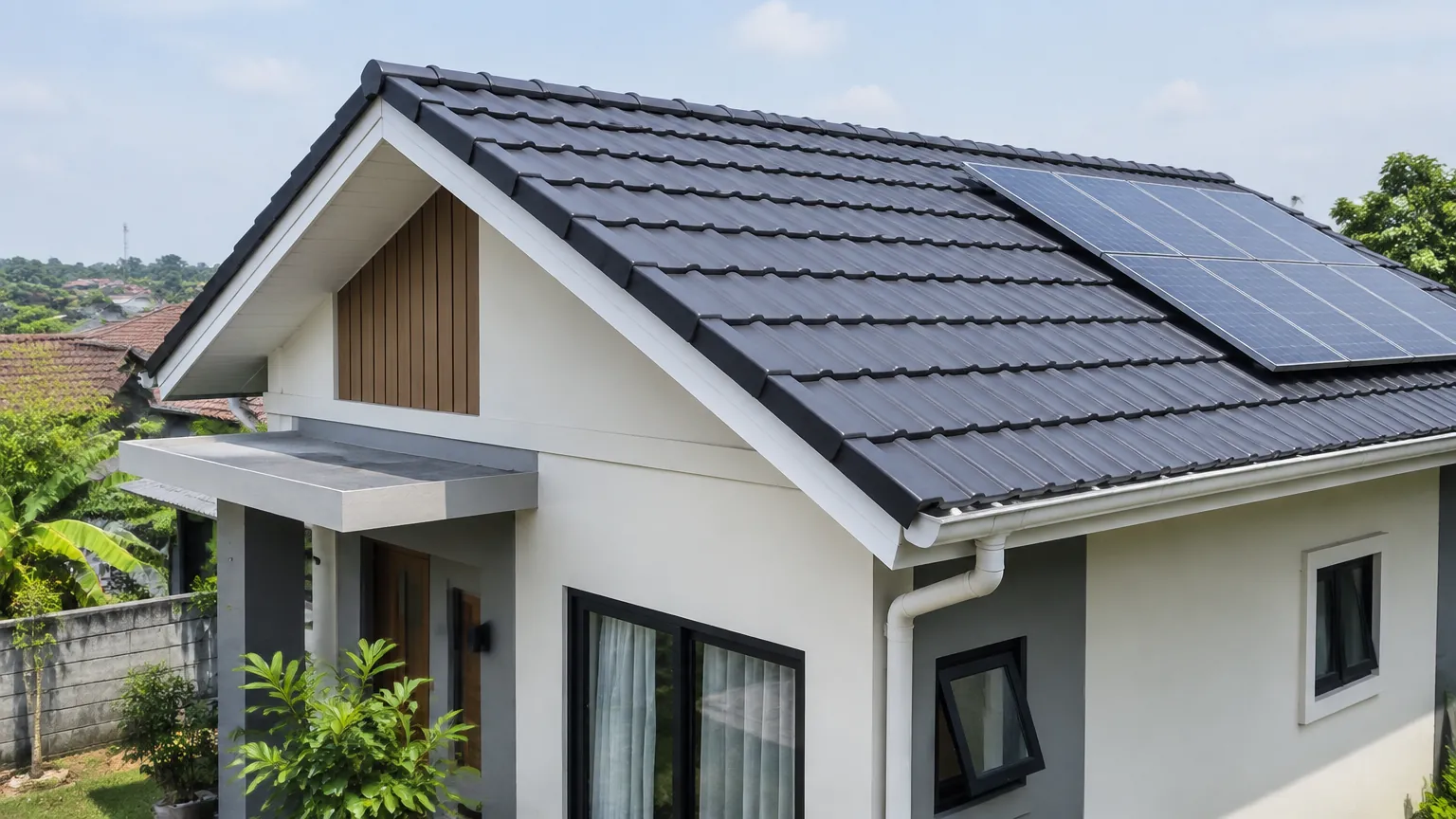 Atap genteng miring dengan sebagian panel surya