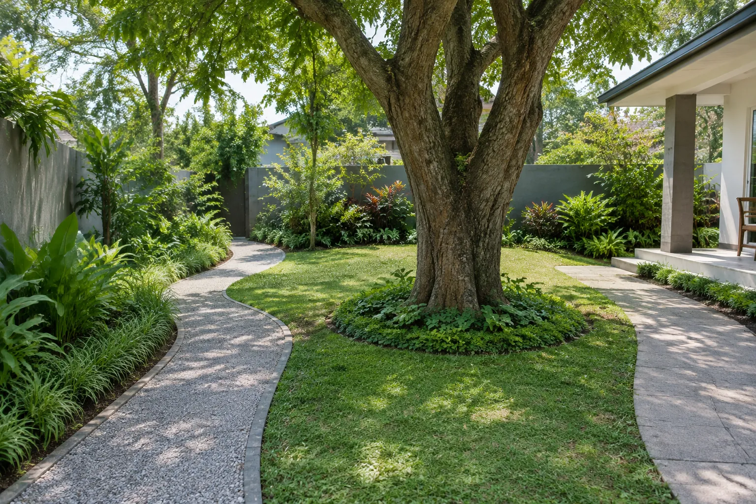 Jalur taman di dekat pohon.