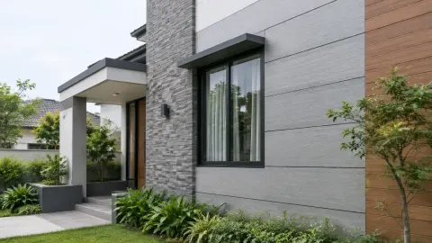 Bidang pelapis abu-abu pada fasad rumah