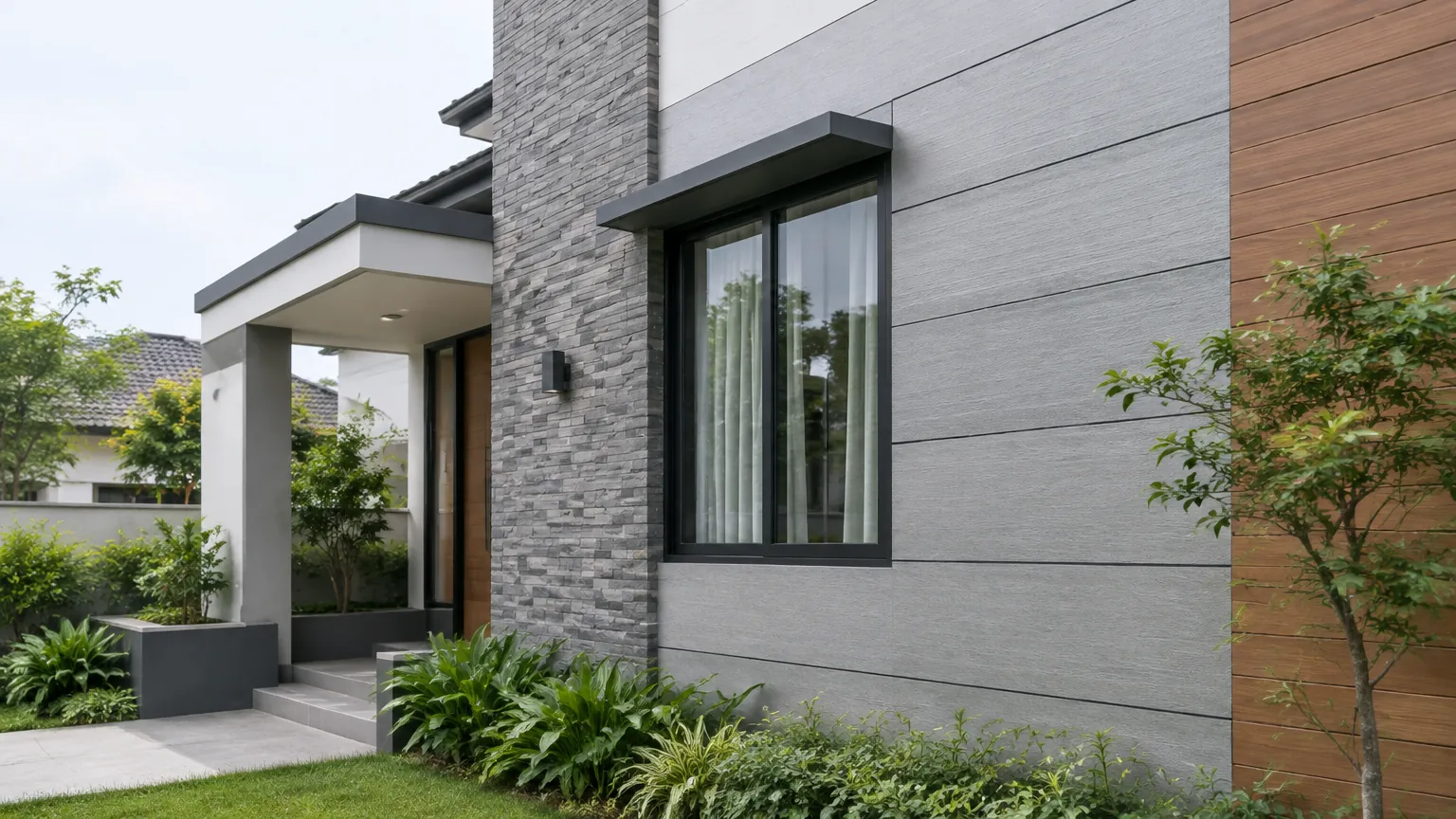 Bidang pelapis abu-abu pada fasad rumah