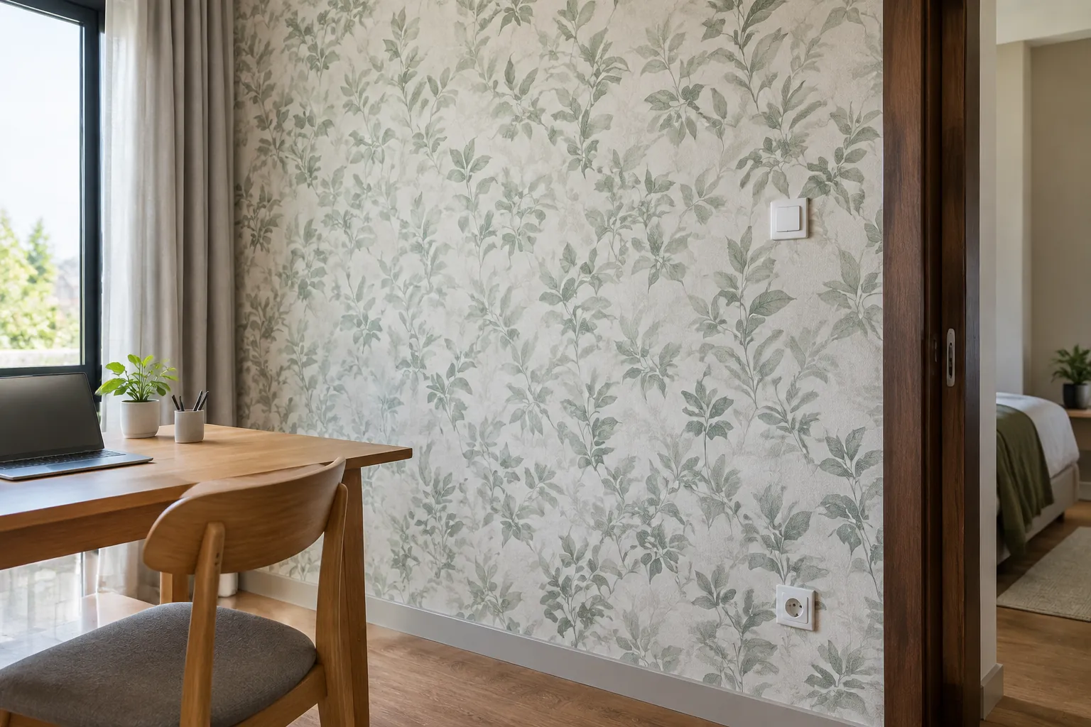 Wallpaper bermotif daun terpasang pada dinding ruang