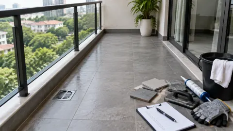 Lantai balkon dengan saluran air dan perlengkapan pemeriksaan