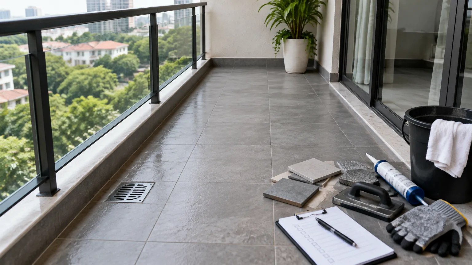 Lantai balkon dengan saluran air dan perlengkapan pemeriksaan