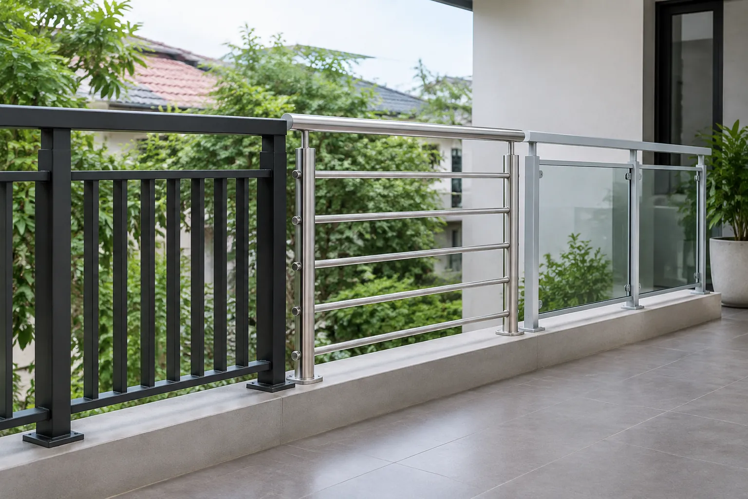 Pagar bilah, palang dan kaca dipasang pada sisi balkon yang berbeda