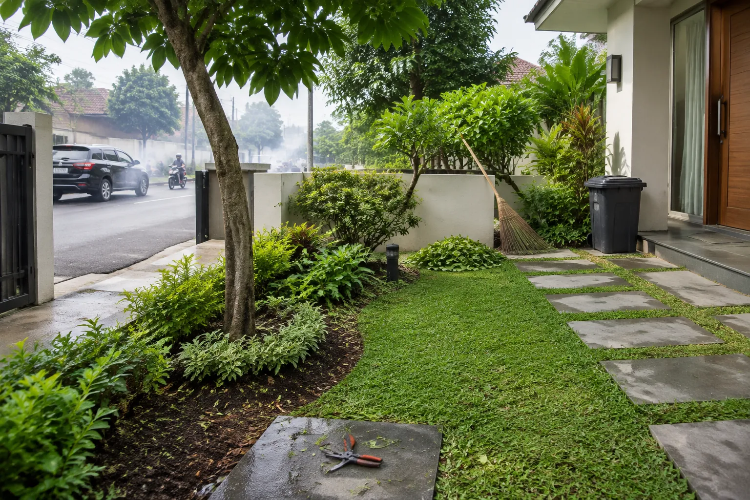 Taman depan dengan tanaman di tepi jalan dan rumah