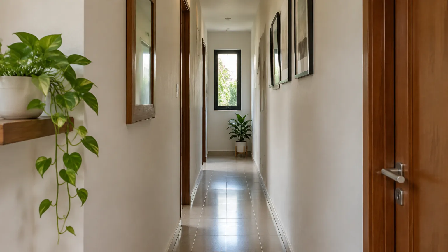 Lorong rumah sempit dengan pintu kayu dan tanaman gantung