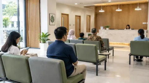 Pengunjung duduk menunggu di area resepsionis klinik