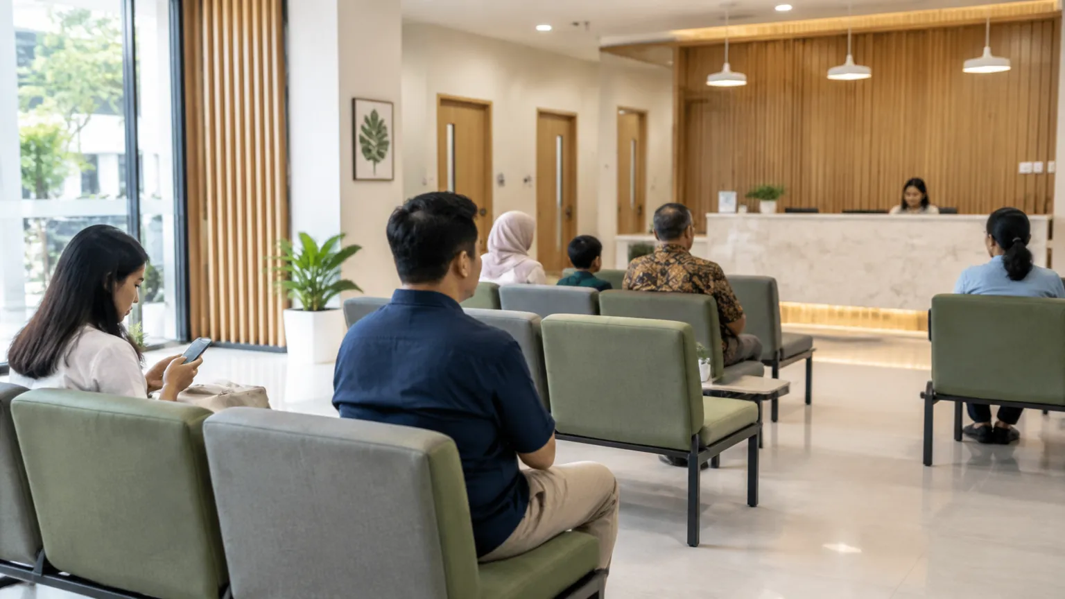 Pengunjung duduk menunggu di area resepsionis klinik