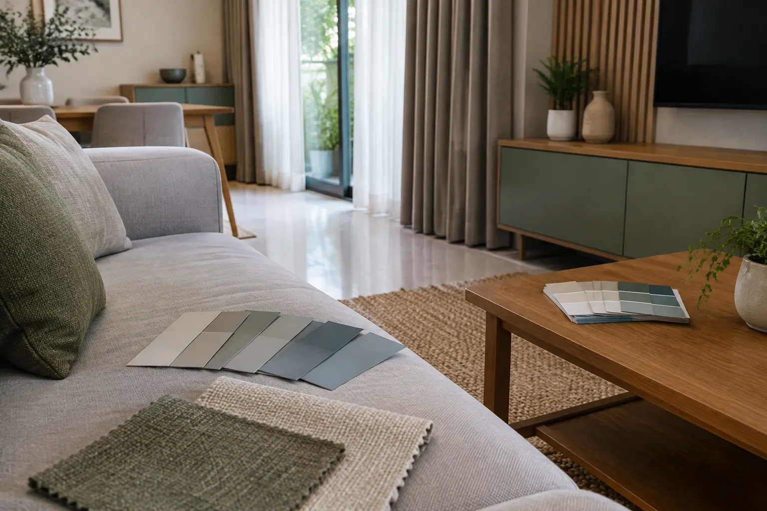Contoh warna hijau di depan sofa dan kabinet ruang keluarga