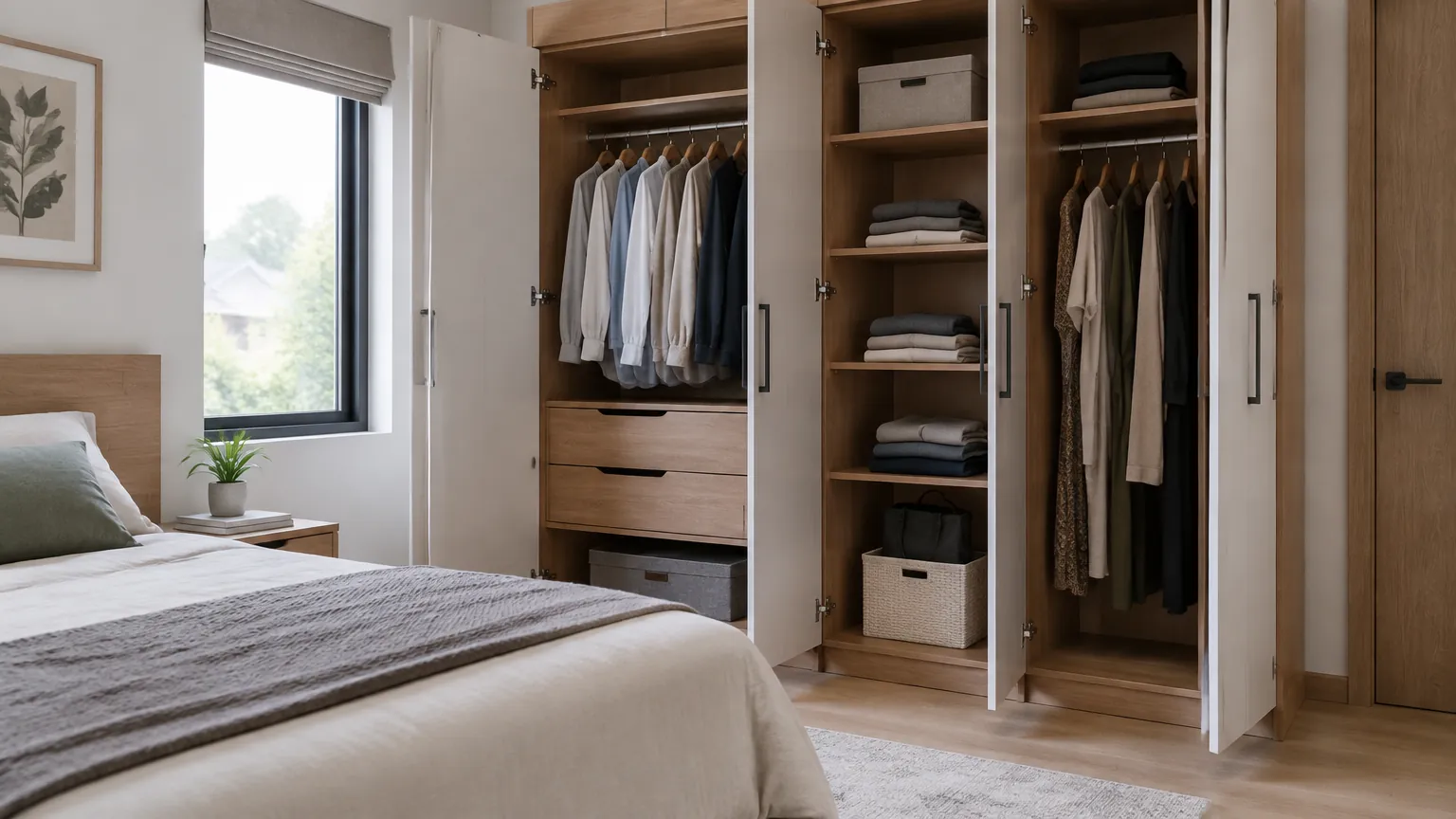 Kamar tidur dengan lemari pakaian terbuka dan tempat tidur di sampingnya