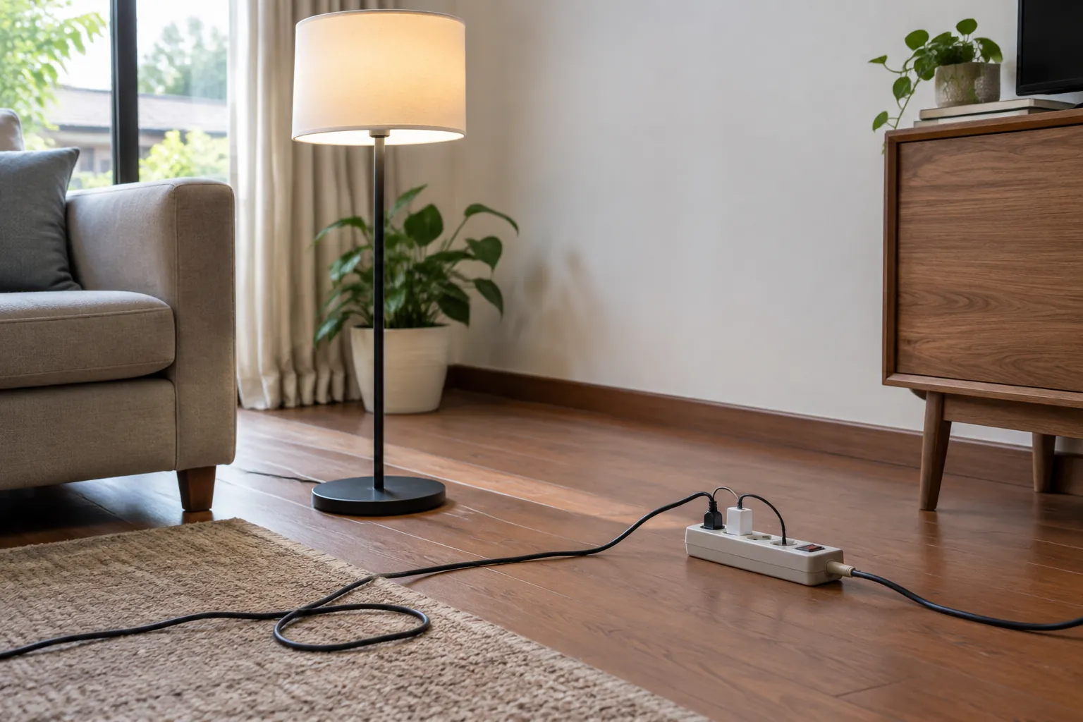 Lampu lantai terhubung ke kabel tambahan di ruang tamu