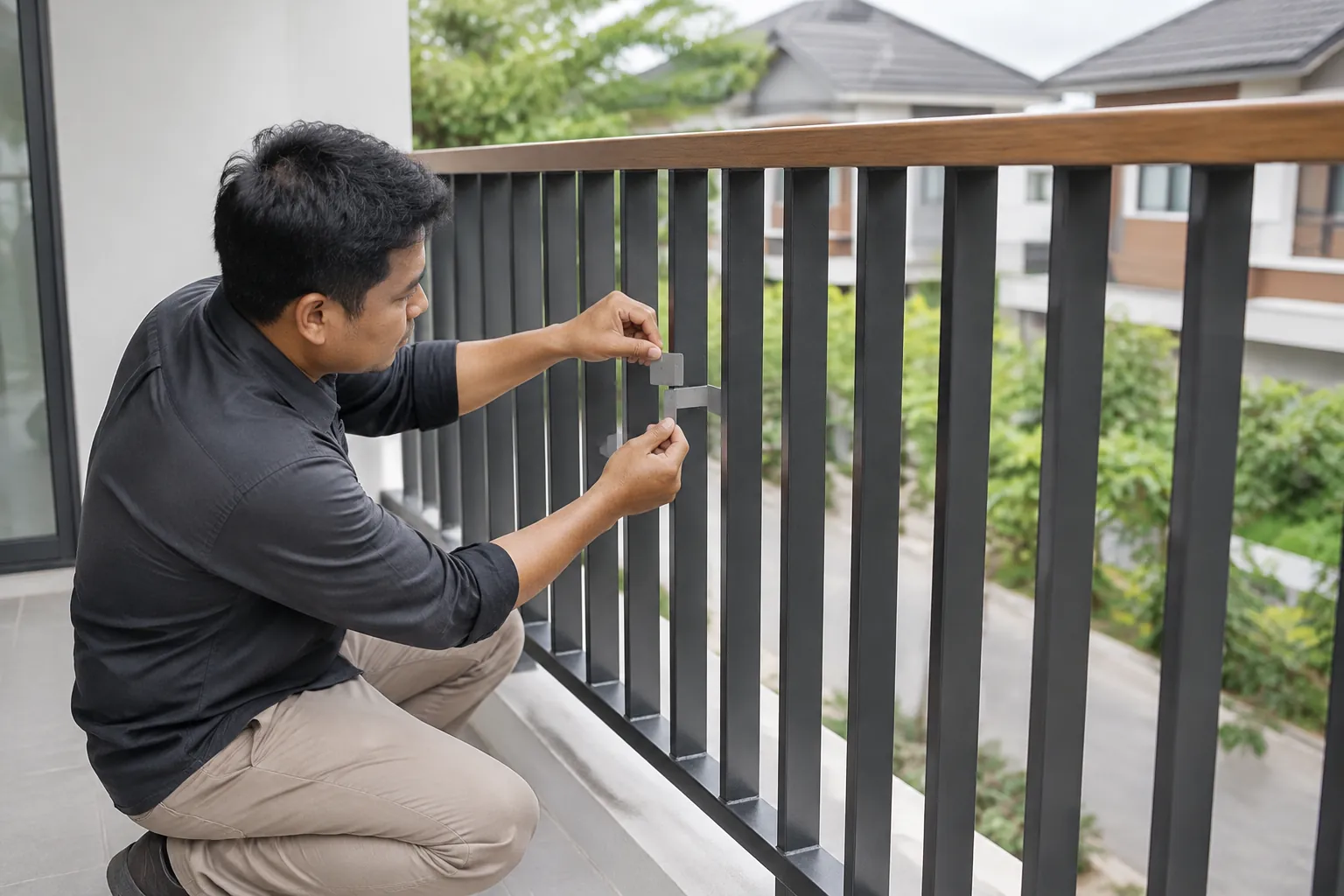 Alat ukur berada di antara bilah pagar.